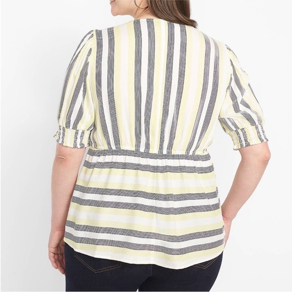 Lane Bryant Short Puff Sleeve V Neck Button Peplum Top Striped - Picture 2 of 5